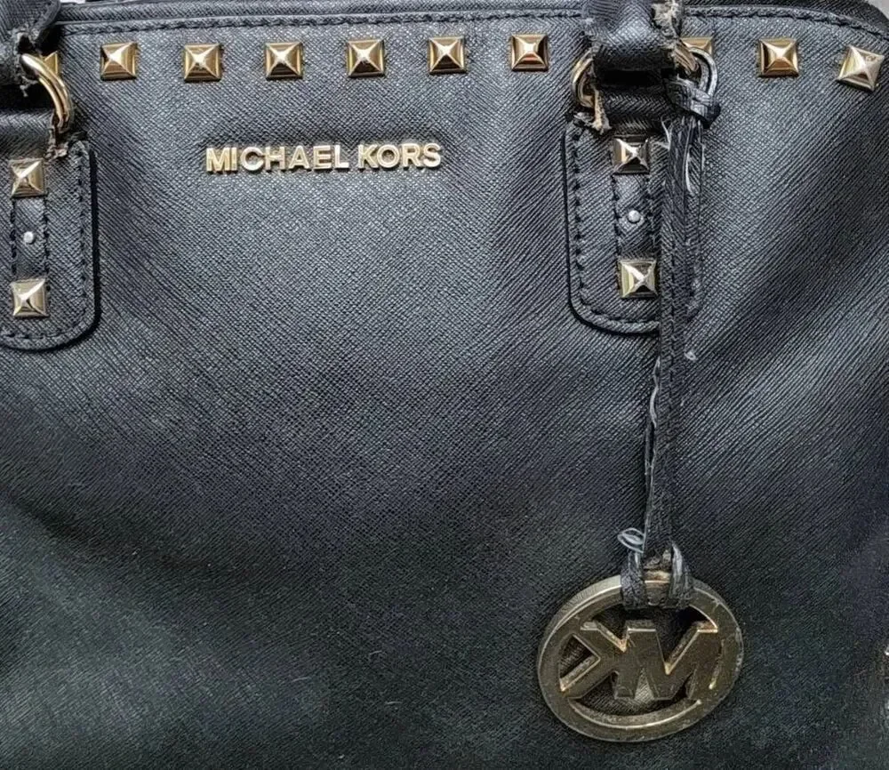 MICHAEL KORS Black Leather Dome Satchel with Gold Studs
